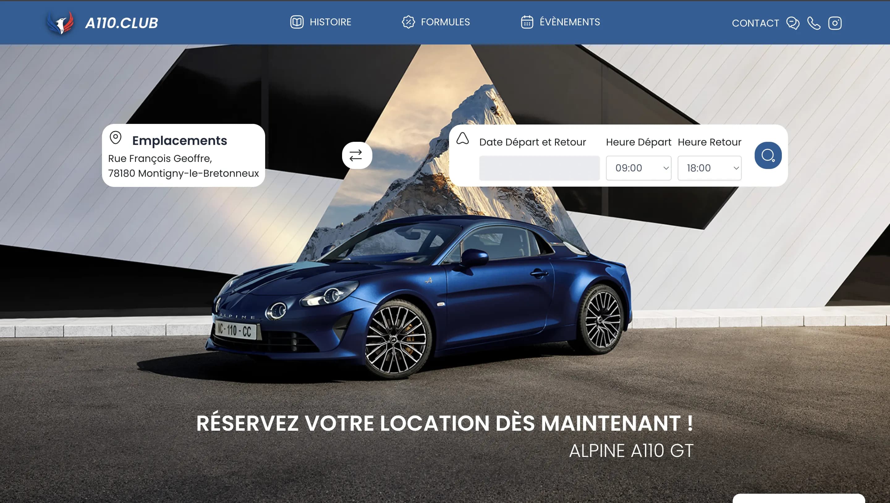 Page d'accueil A110.CLUB : réservation d'une Alpine A110 GT avec dates et horaires