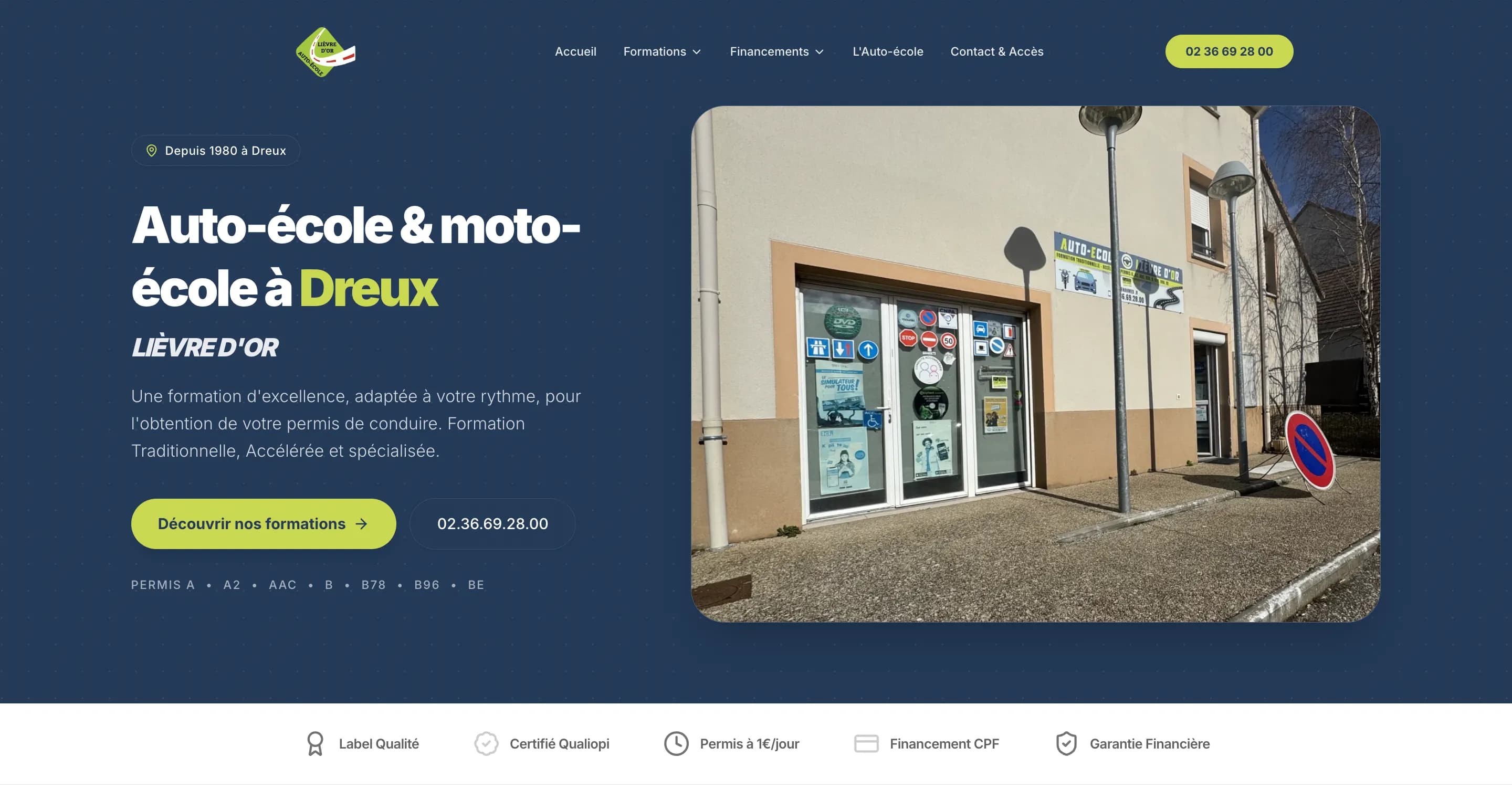 Site vitrine de l'auto-école Lièvre d'Or à Dreux, hero et formations